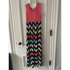 Shangke coral brown beige green and blue chevron stripe maxi tank dress M